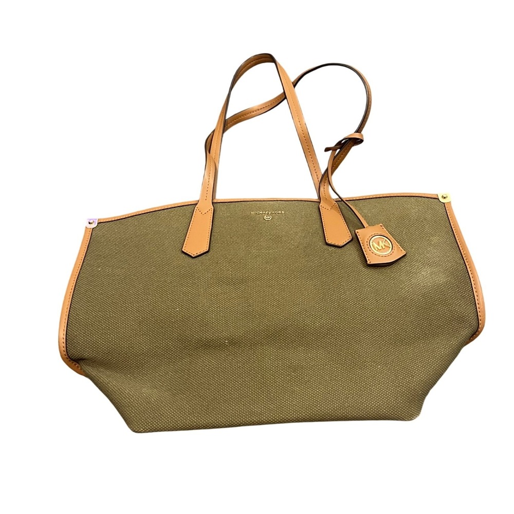 Michael Kors Jane Large Tote Bag Olive Green Canvas Leather Trim Gold Hardware